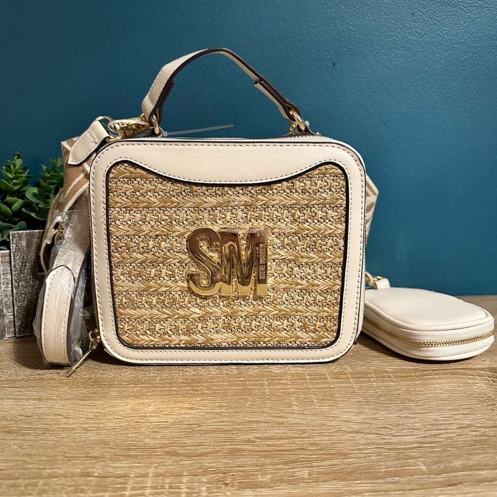 Steve Madden Cream and Tan Crossbody Bag with Adjustable Strap and Woven Texture